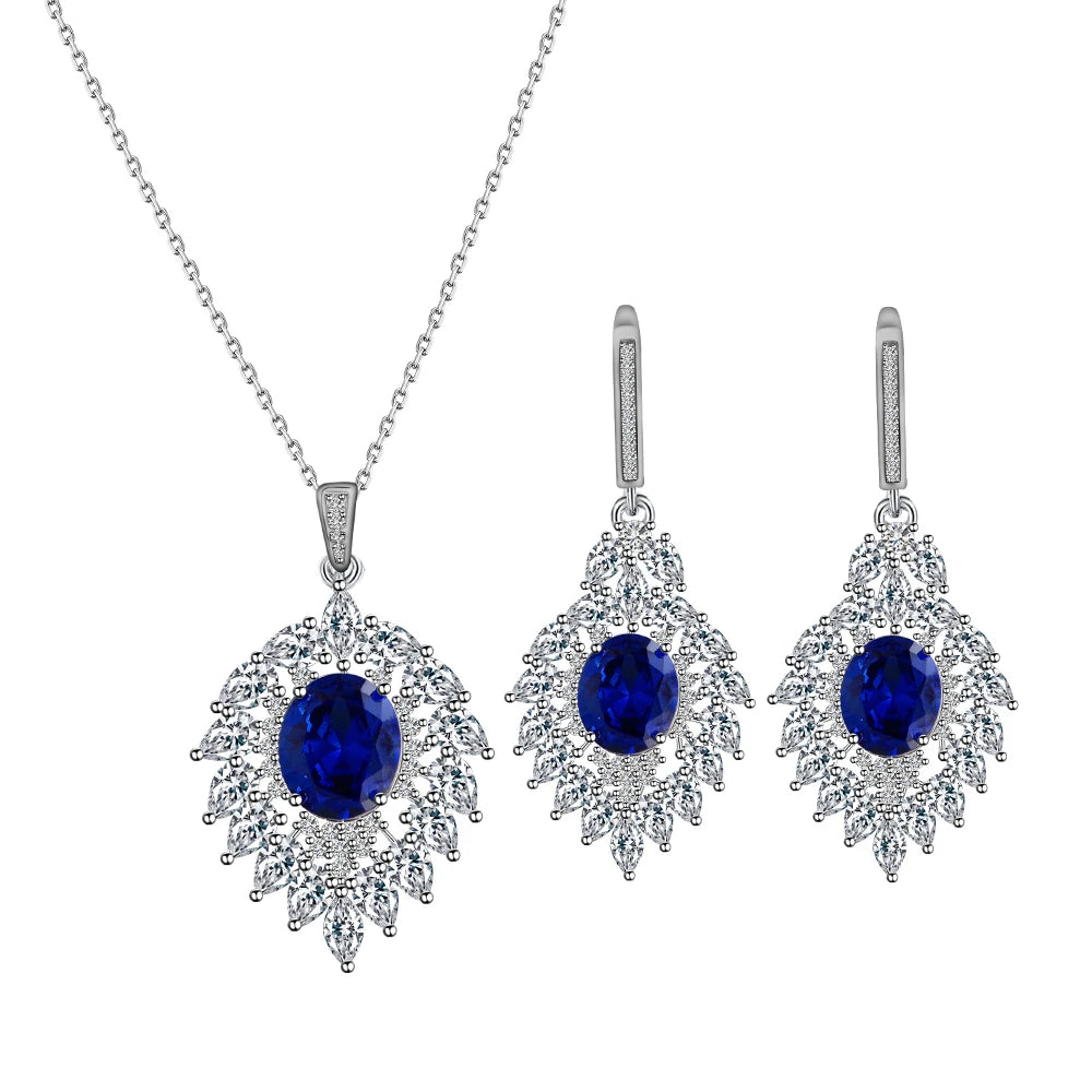 Fashion Royal Blue Cubic Zircon Elegant Necklace and Earrings Bridal Wedding Party Pendant Jewelry Set for Women Jewellery
