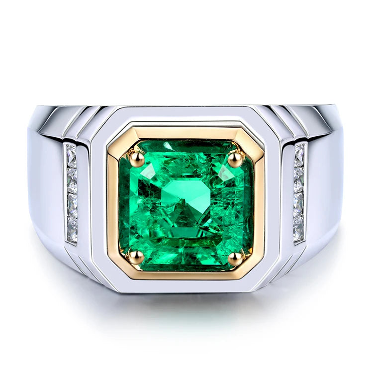 Gemfiori 925 Sterling Silver Band Ring Lab Grown Emerald Men Adjustable Size Custom 925 Sterling Silver Rings for Men