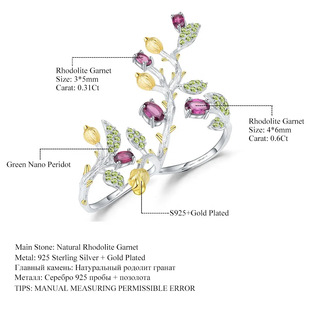 ArtistA Embrace Nature Plant Theme 925 Silver Natural Rhodolite Garnet Leal Bud Branch Earrings & Double Finger Ring Jewelry Set
