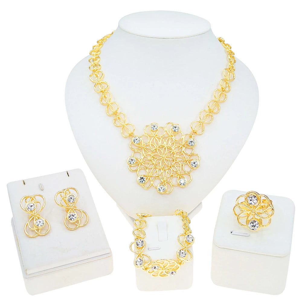 Zhuerrui Italian Gold Plated Jewelry Set Intricate Hollow Bead Cluster Necklace Earrings Bracelet Ring for Women Ceremony