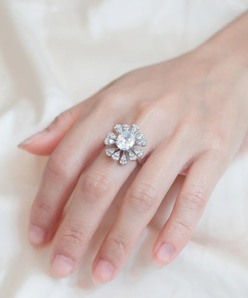 MuShan Jewelry Factory New Flower Inlaid Egg Shaped Simulated Diamond S925 Pure Silver Zircon Ring for Women Fashion
