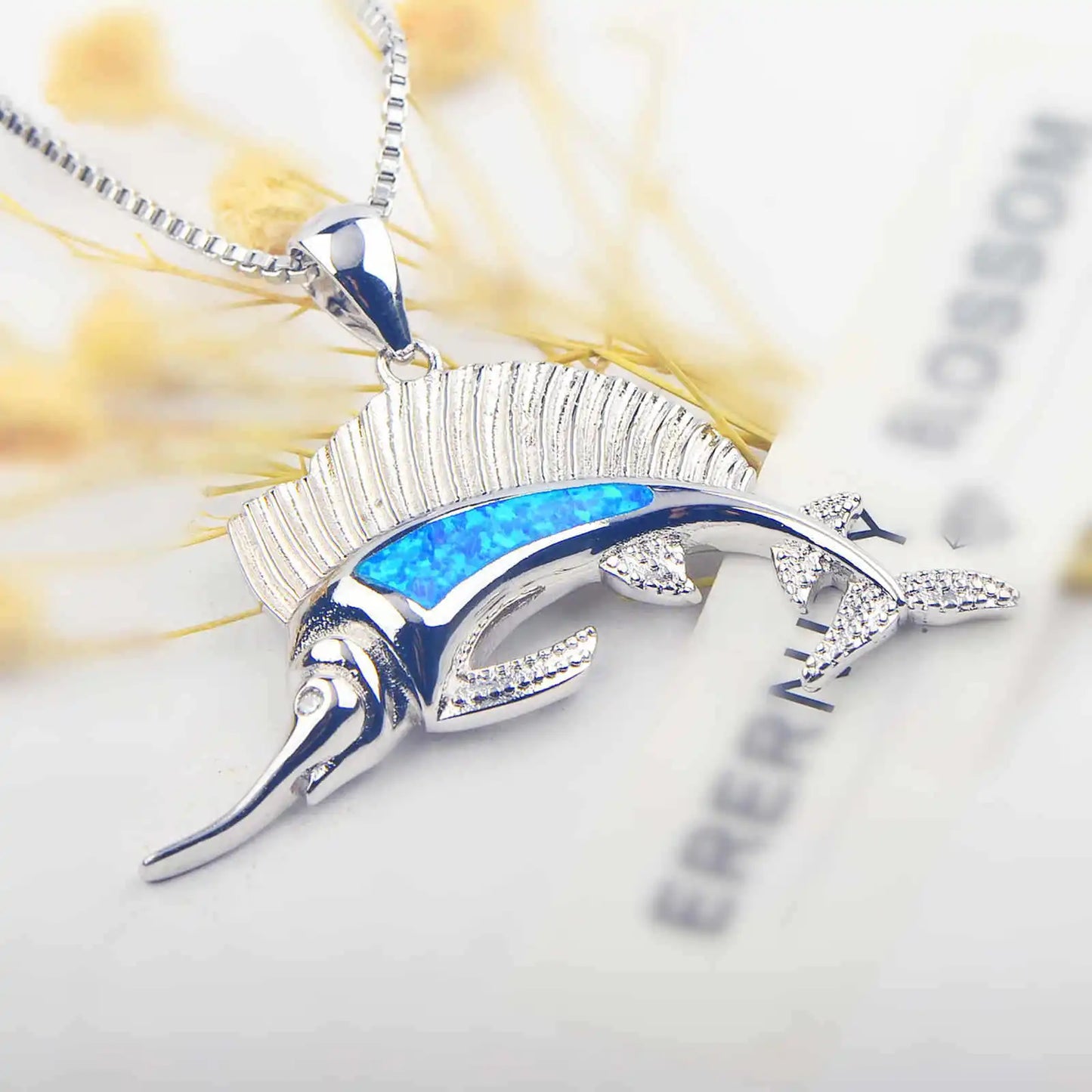 Trendy Christian Copper Silver Plated Ocean Marlin Pendant Blue Opal Sweater Chain Link Chain Nautical Necklace for Beach