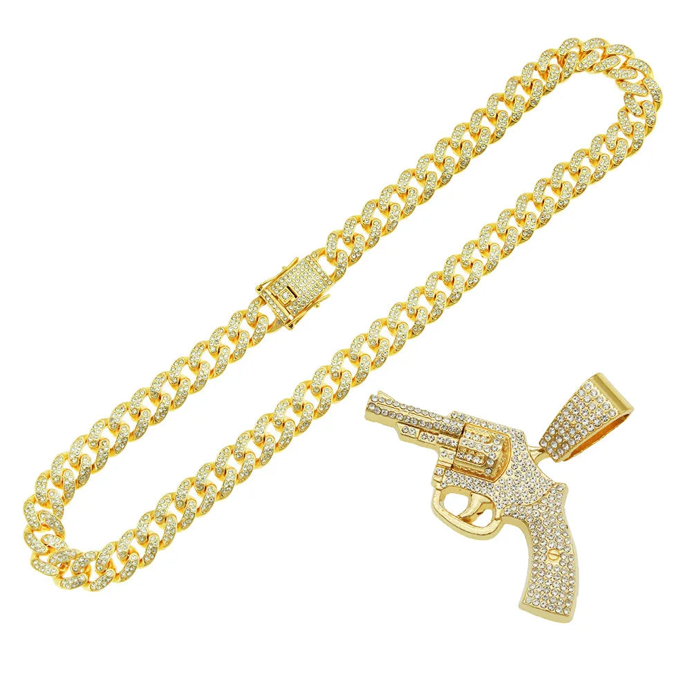 Hip Hop Jewelry 14k Gold Plated Gun Pendant Iced Out Diamond Cuban Chain Necklace for Men Fashion Jewelry