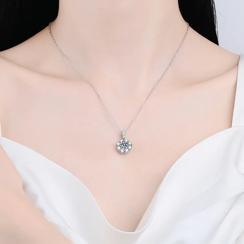 Fashion Fine 925 Sterling Silver Cluster Set Round Cut 1ct VVS GRA Colored Moissanite Jewelry Classic Sunflower Pendant Necklace