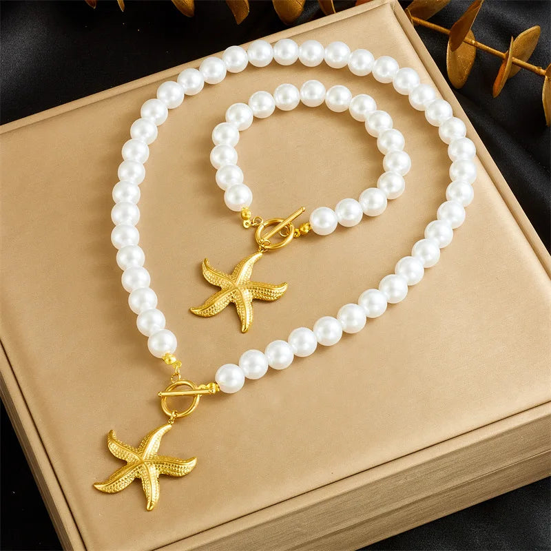 Women's French Vintage Design Pearl Chain Gold-plated OT Clasp Stainless Steel Scallop Starfish Pendant Bracelet Necklace Set