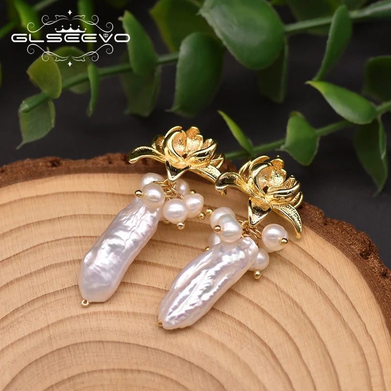Flower Shape Charm Drop Earrings for Women Natural Freshwater Baroque Pearl Christmas Earrings Luxury Jewelry  Earrings Bulk