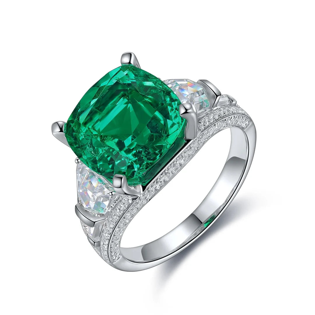 Gemfiori Jewelry Trendy High Quality S925 Silver Cultivated Emerald Ring Unisex Engagement Ring for Wedding Party or Gift