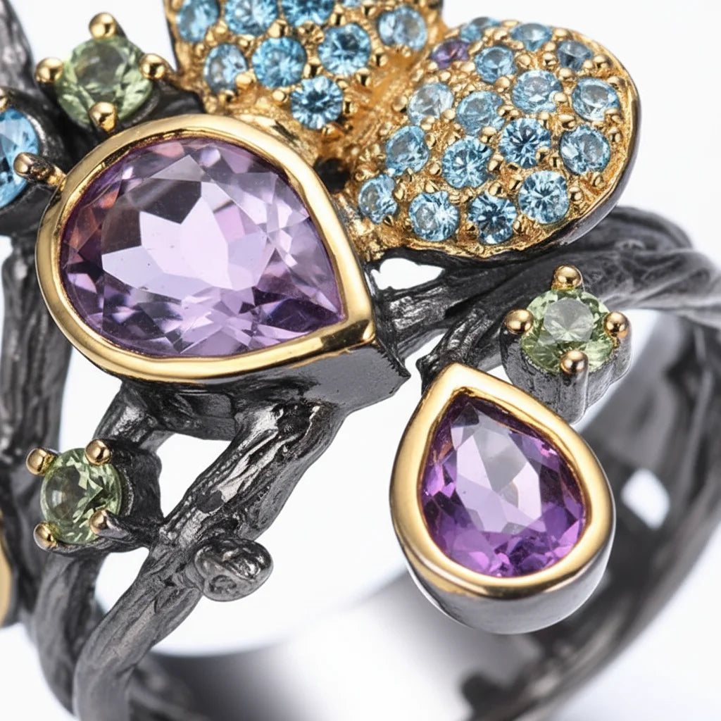 Wholesale Coloured Latest Amethyst 925 Sterling Silver Vintage Ring for Ladies