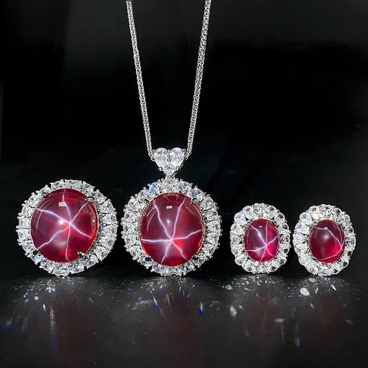 Gemfiori New Hot Selling High Quality Jewelry Ice Seed Fluorescent Red Shining Charm Zircon Hexagram Starlight Set
