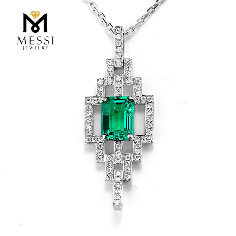 Gemfiori Messi Jewelry Customized 18k White Gold 1.5ct Created Emerald Diamond Necklace