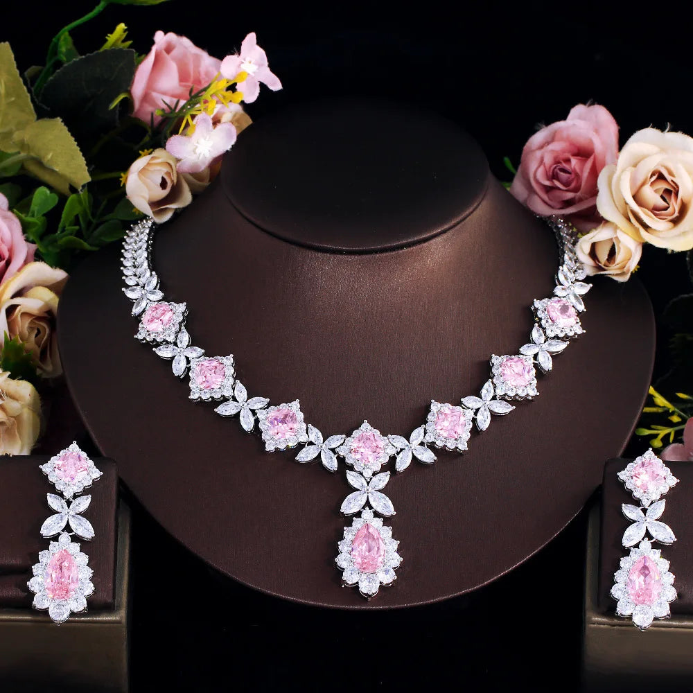 Luxury Pear-Cut Zirconia Water Drop Floral Necklace & Earrings Bridal Set — Rhodium Plated
