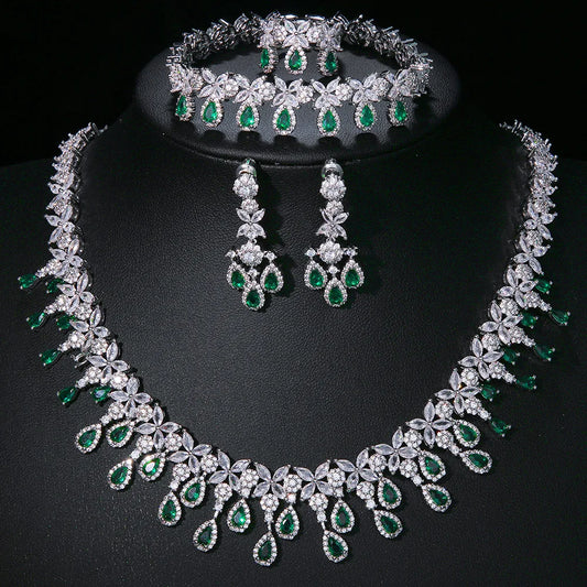 Luxury Pear-Cut Zirconia Teardrop Floral 4-Piece Necklace, Earrings, Ring & Bracelet Bridal Set — Rhodium Plated