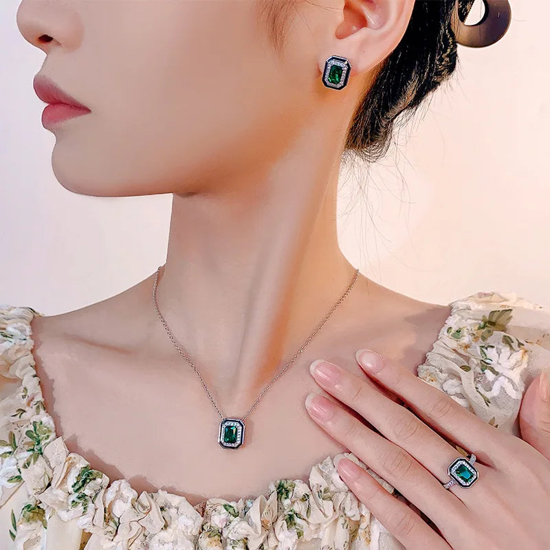 Gemfiori Simple Princess Square Green Zircon Ring Light Luxury Black Enamel Earnail Necklace Set