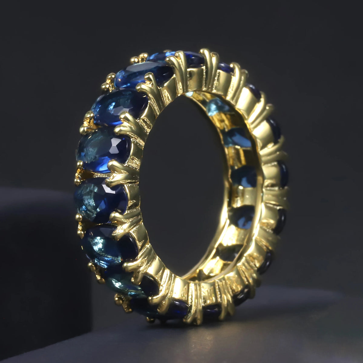 ArtistA C7530 Abiding Oval 4*6MM Colored Gemstone Eternity Band Glass Blue Sapphire Emerald Cubic Zirconia 925 Silver Band Ring