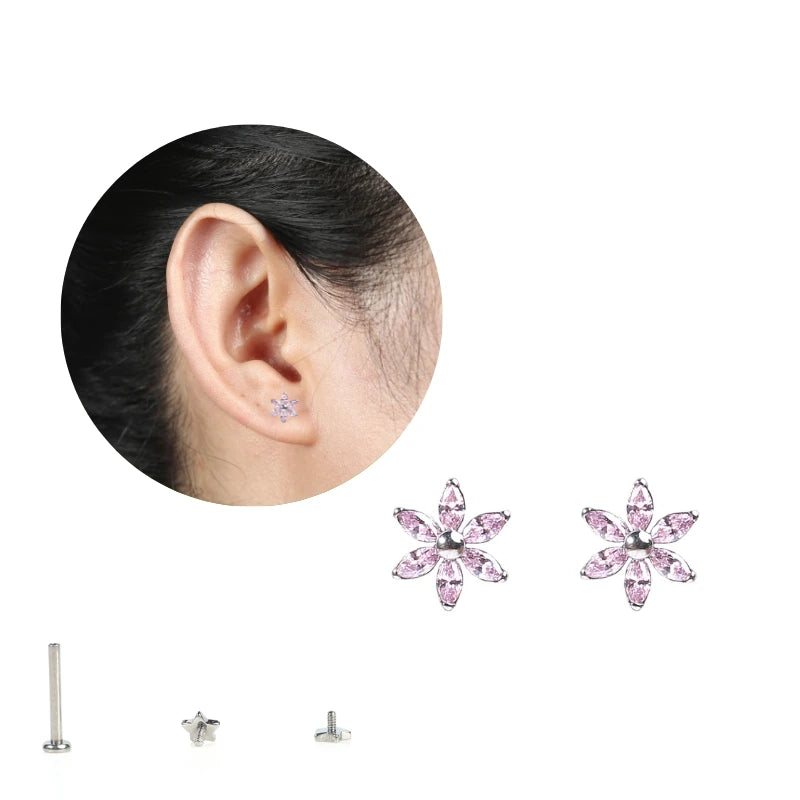 Minimalist Titanium Six Leaves Flower Stud Earrings Simple Internally Threaded Piercing Jewelry Trendy Style