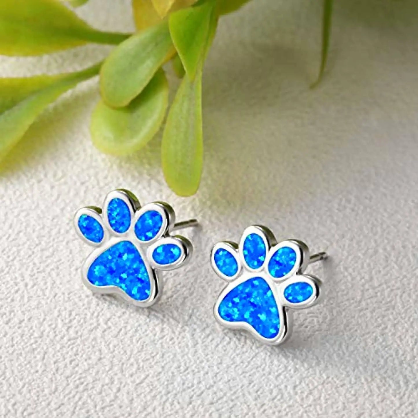 Whimsical Paw Print Opal Stud Earrings - Full Blue Fire Opal Inlaid Design | Pet-Lover Jewelry Bulk Gifts