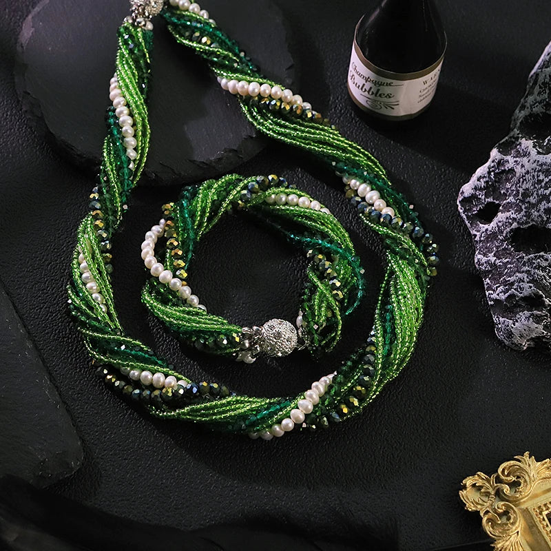Natural Freshwater Pearl Green Glass Bead Jewelry Set for Women Wedding Banquet Party Dainty Pearl Jewelry Set Luxury Jewelry