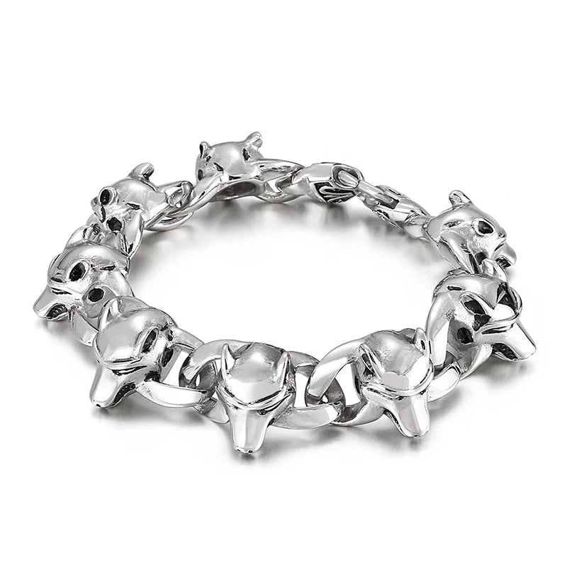 KALEN Punk Mens Stainless Steel Fashion Jewelry Bracelets Skull Wolf Head Links Bracelet Bangle