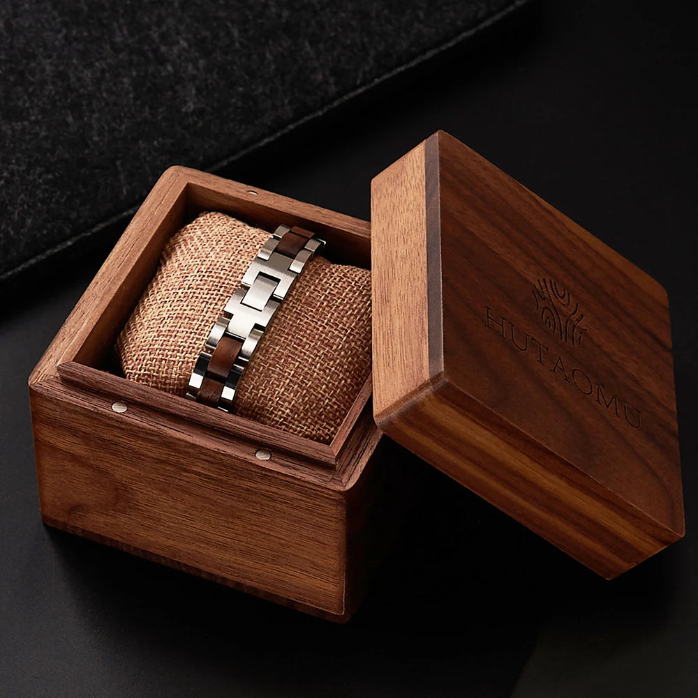 REBEL S&S REBEL Stainless Steel Unisex Walnut Wood Skeleton Bracelet for Men and Women