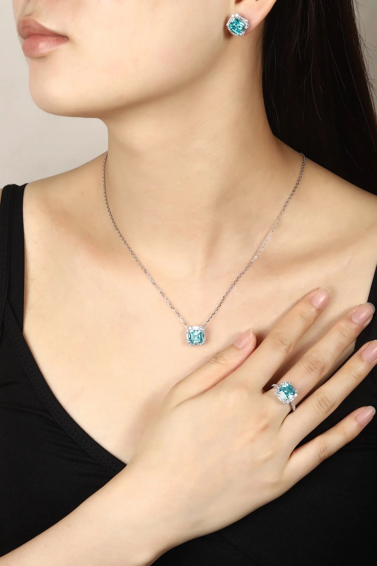 Gemfiori Rhodium Plated S925 Silver Square Pendant Earrings Set Asscher Cut Lab Grown Paraiba Jewelry Set for Women Anniversaries