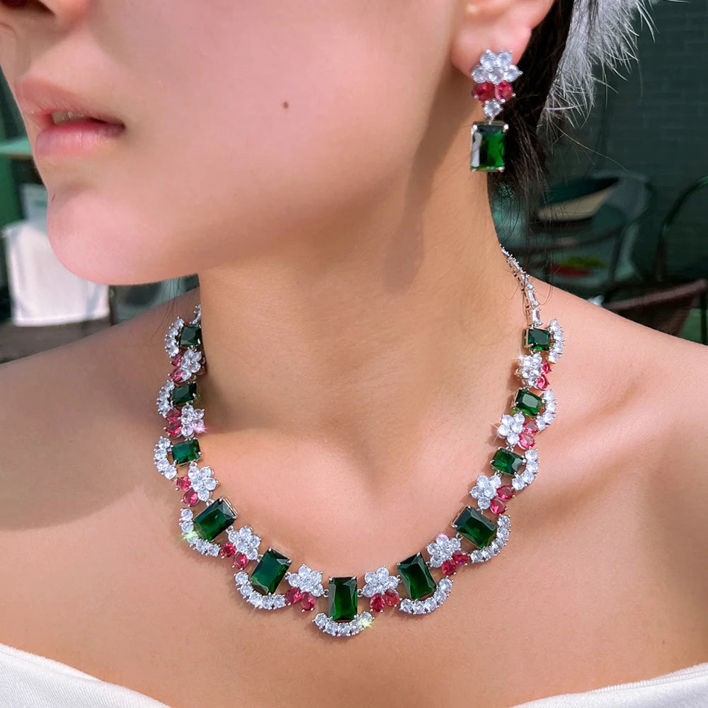 Extravagant Colorful Red Green Necklace and Earrings Rectangle Cubic Zirconia Luxury Wedding Party Jewelry Set for Women