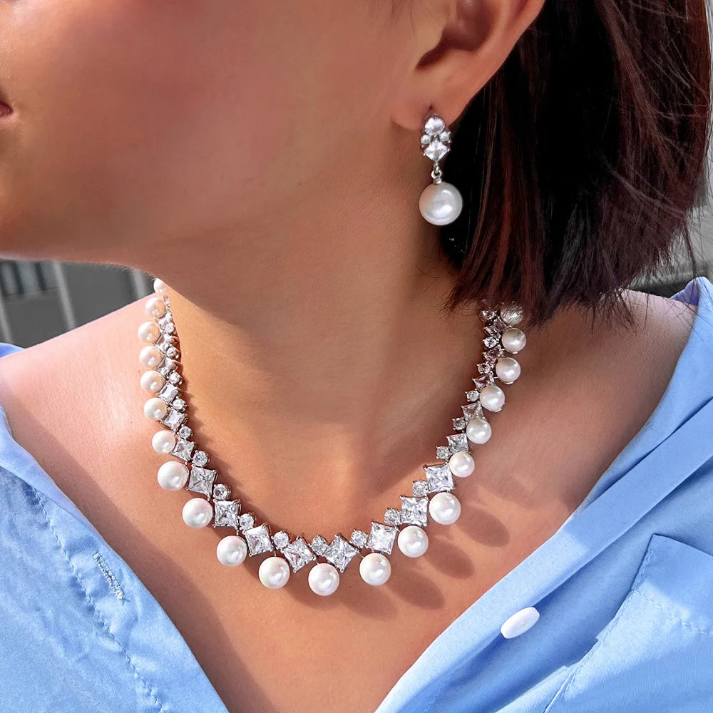 High Quality Cubic Zircon Statement Necklace and Earrings Bridal Imitation Big Pearl Jewelry Set for Women Wedding Accessories