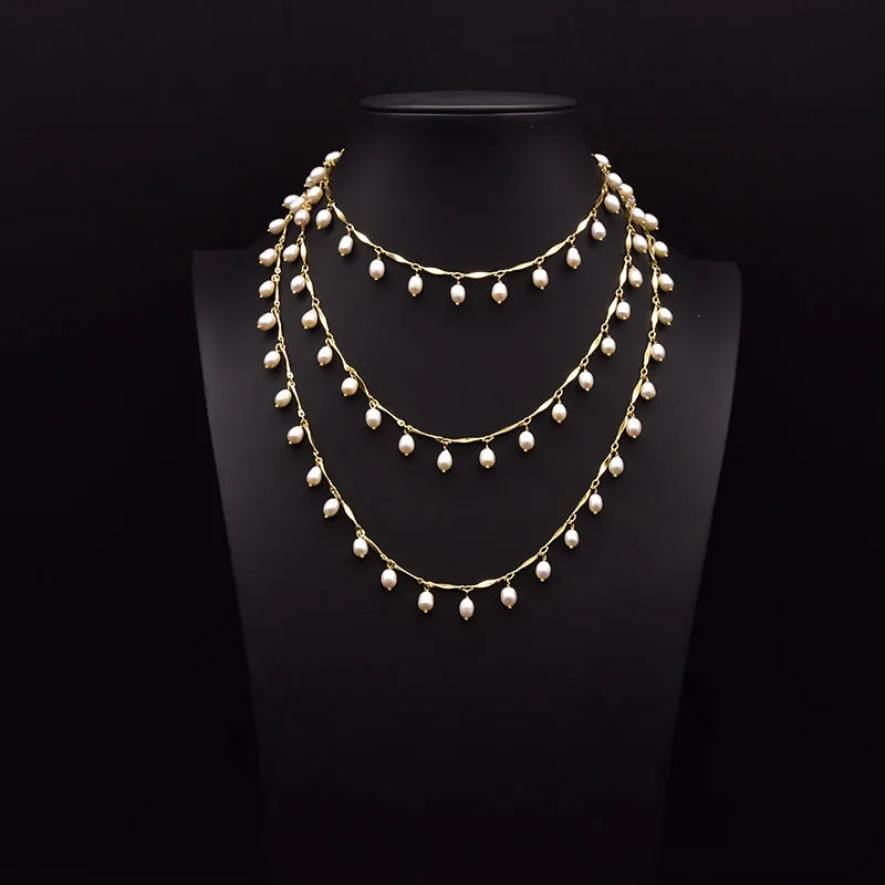 Natural Freshwater Pearl Long Necklace Women's Wedding Personalized Adjustable Length Chain Jewelry Accessories