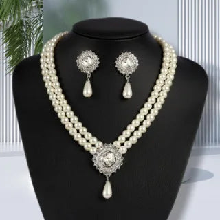 Pearl Flower Multi-Layer Pendant Necklace & Earrings Set | Elegant Silver Occasion Jewellery