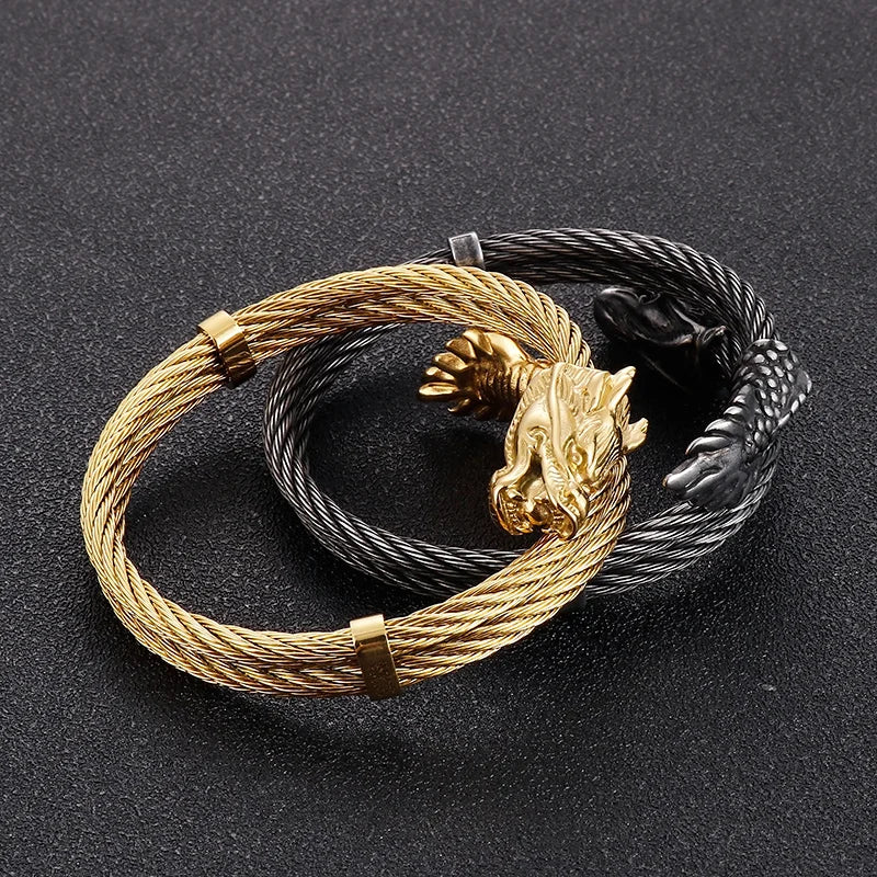 VIKING Mens Punk Dragon Head & Tail Cuff Bracelet – Black, Gold & Silver