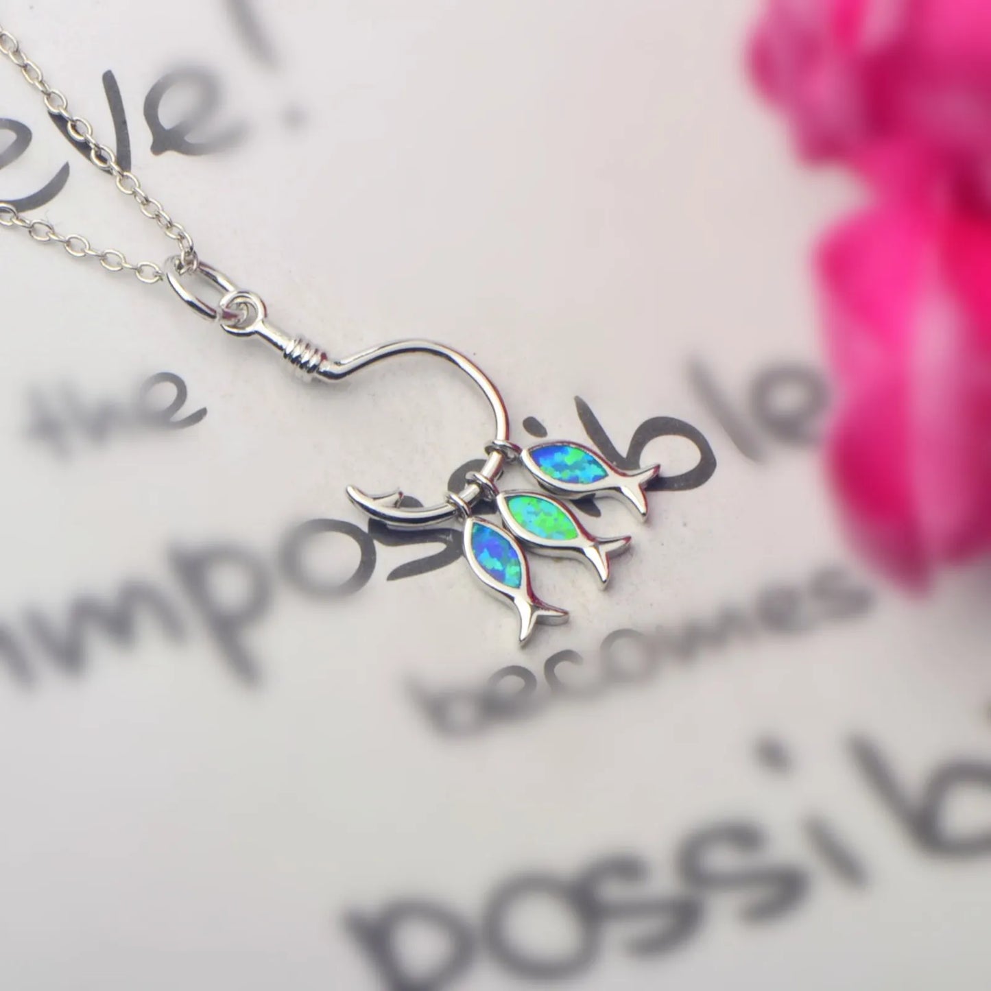 Hawaiian Opal Fishhook Pendant Necklace - Trendy Color Gem Jewelry Wholesale