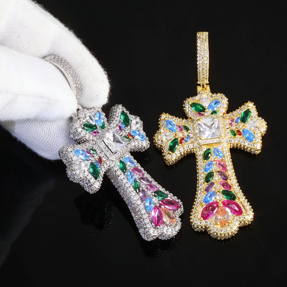BiG-BOSS Hip-hop Colored Gemstone Wheat Ears Cross Pendant. Factory Direct Sale.