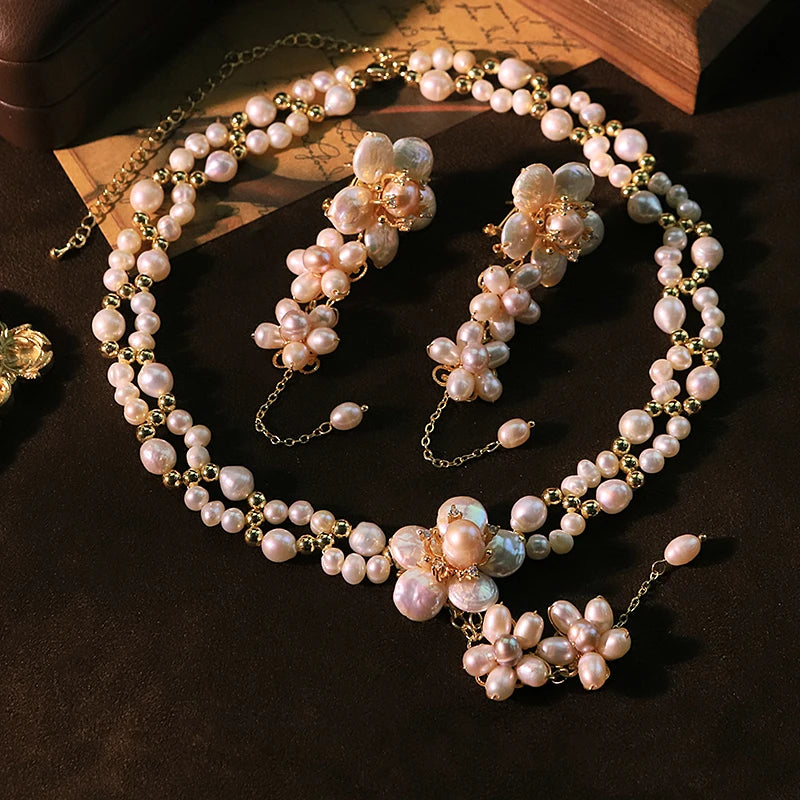 Natural Pearl Flower Necklace and Earrings Set Luxurious Design High-Quality Set for Banquet Wedding Women's Jewelry GS0227