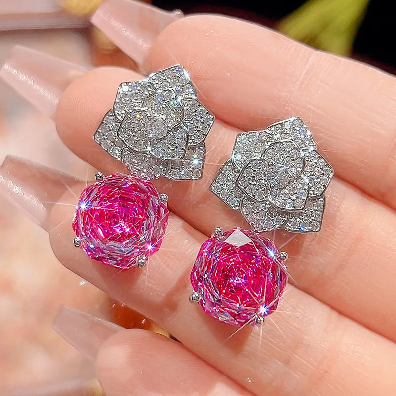 Gemfiori High Quality Luxury Rose Pendant Necklace Earring Set for Women Sparkling pink Zircon Earrings Engagement Party Accessories