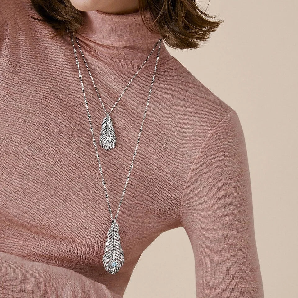 MUSHAN Jewelry 925 Silver Jewelry Long Chain Necklaces Women High Carbon Diamond Aquamarine Gemstones Feather Pendant Necklaces