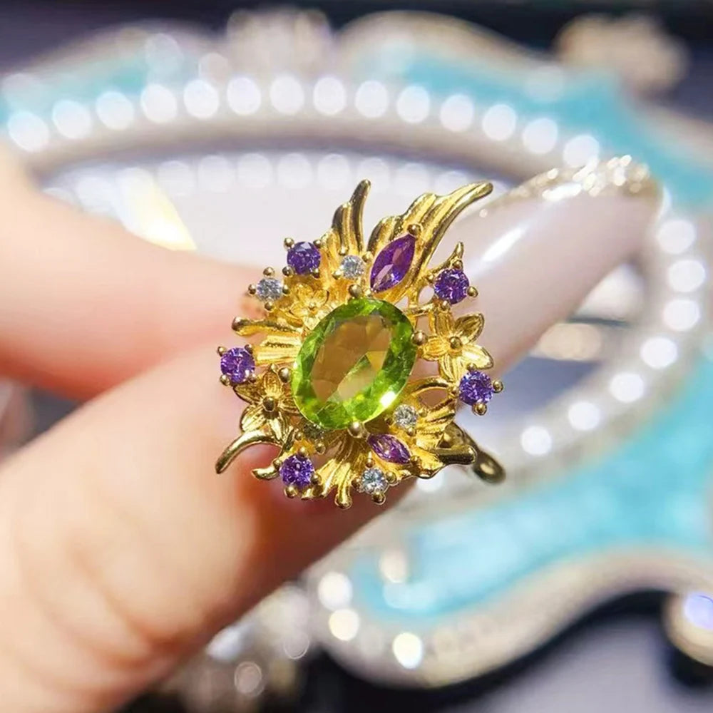 REDheart Luxury Gold Plated 925 Sterling Silver Natural Peridot Necklace Ring Kids Jewelry Set Wedding Party Birthday Gifts