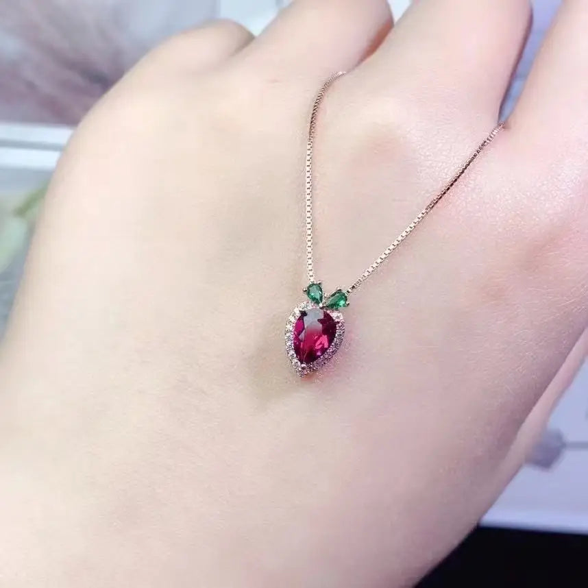 925  Silver Radish Jewelry Set, Gold-plated Natural Garnet Earring Necklace Set, Suitable for Children's and Women's Jewelry