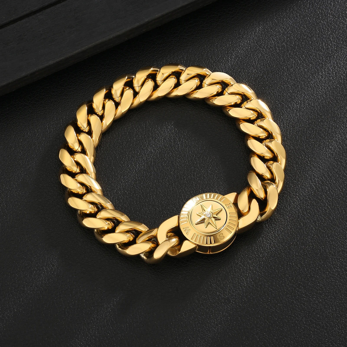 S&S Easter Faith Gifts Cross Lion Compass Anti-tarnish Jewelry 18K Gold Plated Stainless Steel Mens Miami Cuban Link Chain Bracelet