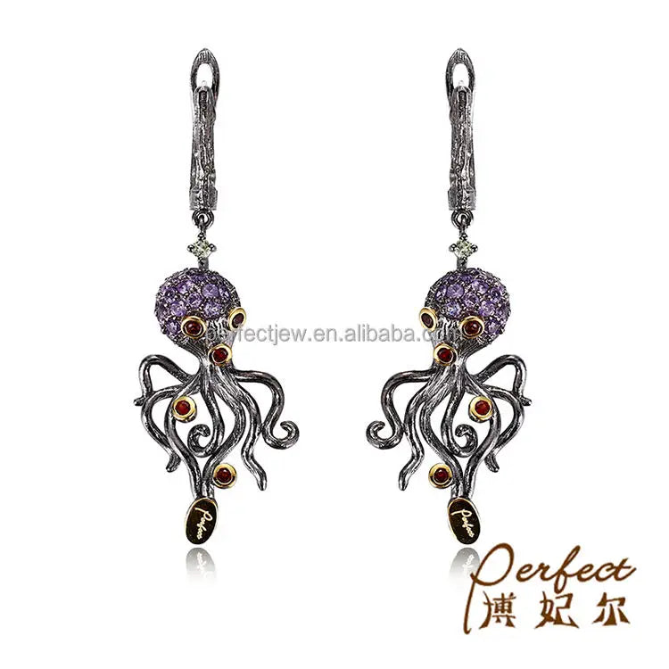 Profession Design 925 Sterling Silver Octopus Shape Earrings With Garnet Stone