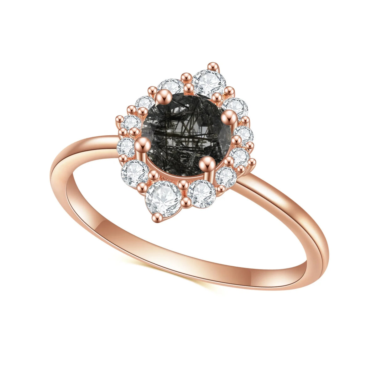 Gemfiori Abiding OEM Factory Direct Sale Rose Gold Plated 925 Sterling Silver Natural Black Rutilated Quartz with White CZ Side Stones