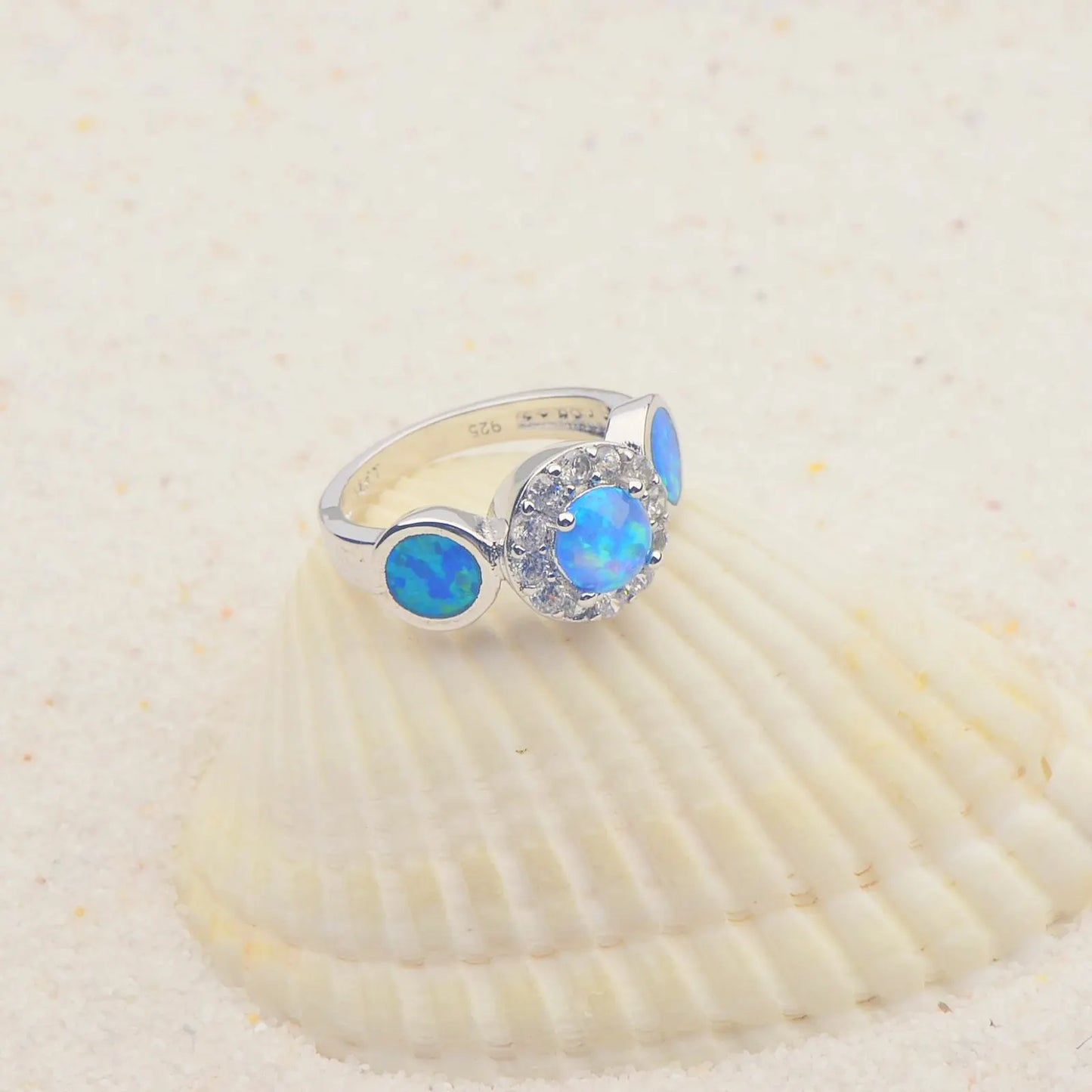 Flower Blue Opal Circle Ring | Iridescent Gem Inlay Band | Nature-Inspired Fashion Jewelry for Women Trendy Wear