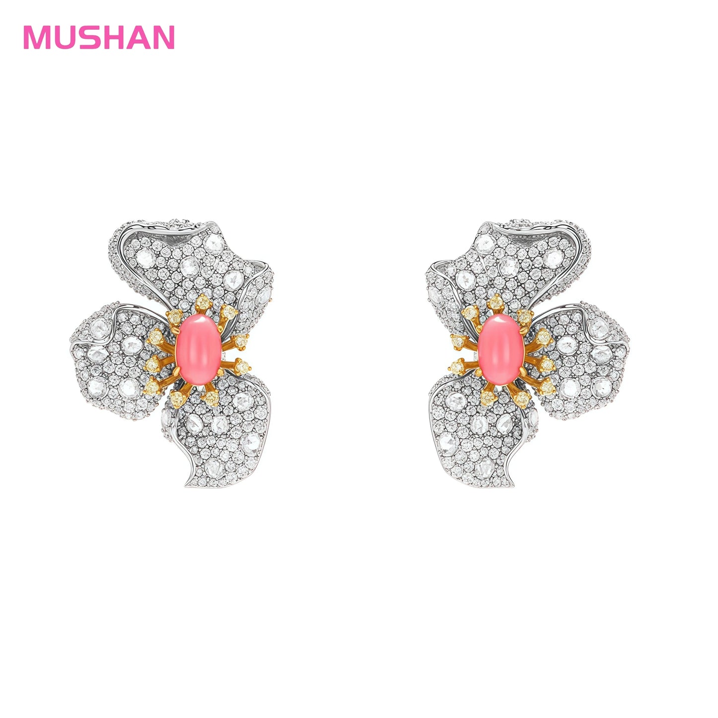 MUSHAN 925 Sterling Silver Luxury High Carbon Diamond Pink Conch Beads Flower Stud Earrings for Women's Anniversaries Gifts