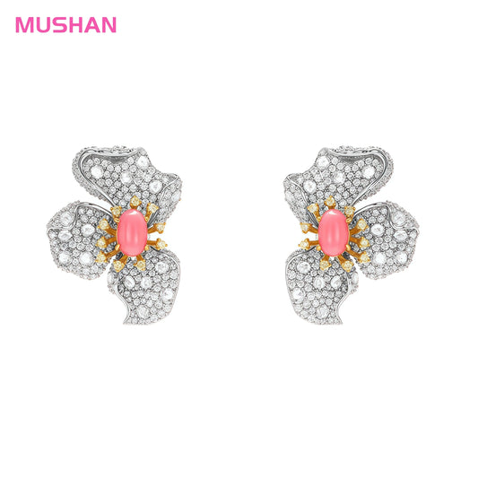 MUSHAN 925 Sterling Silver Luxury High Carbon Diamond Pink Conch Beads Flower Stud Earrings for Women's Anniversaries Gifts