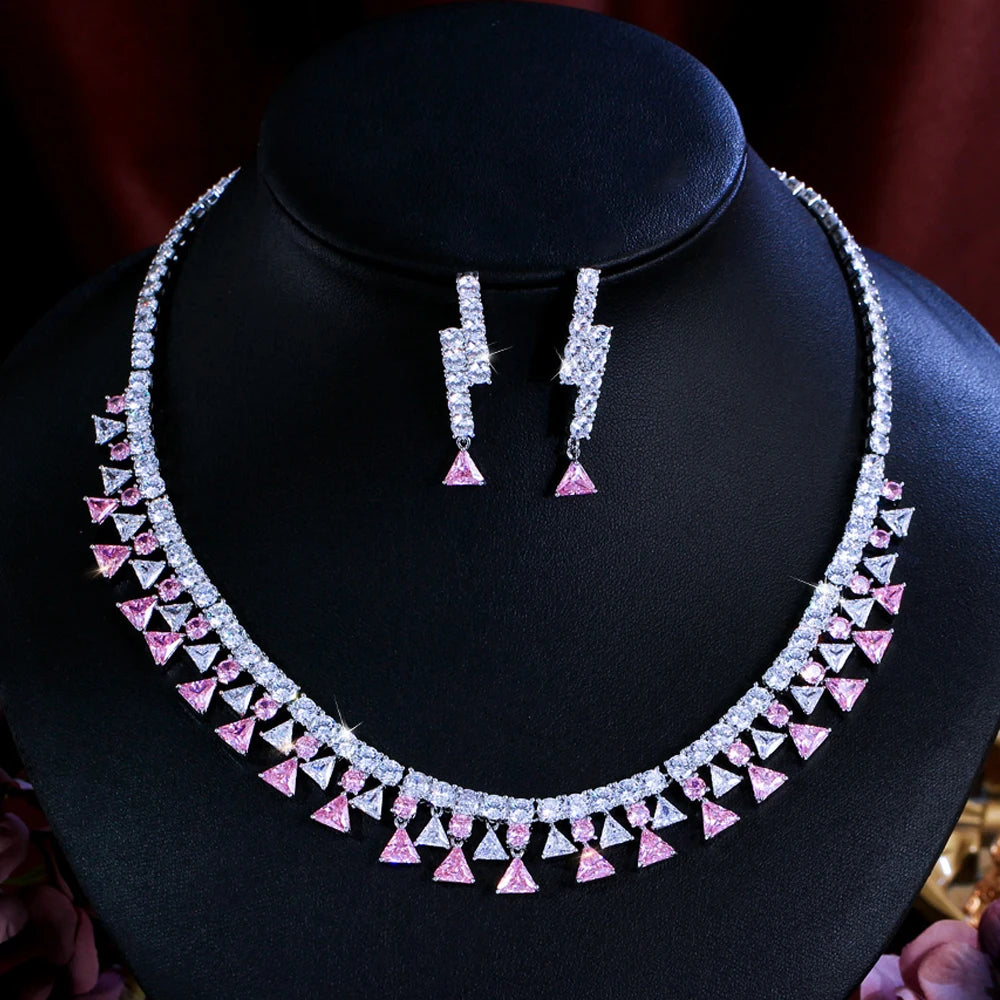 Shinning Triangle Shape Cubic Zirconia White and Pink Luxury Jewelry Set for Women Gathering Party Necklace and Earrings Set