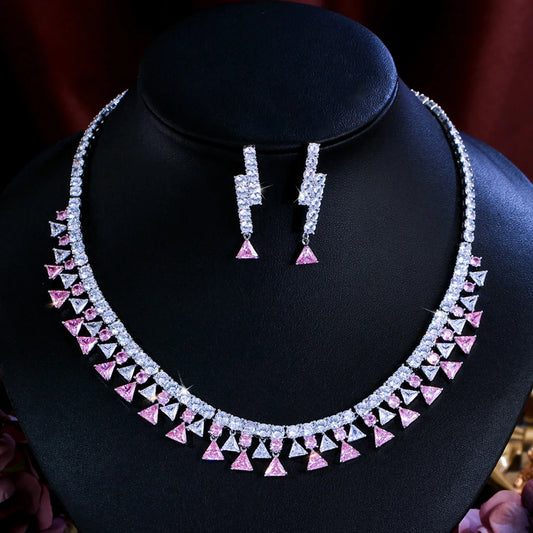 Shinning Triangle Shape Cubic Zirconia White and Pink Luxury Jewelry Set for Women Gathering Party Necklace and Earrings Set