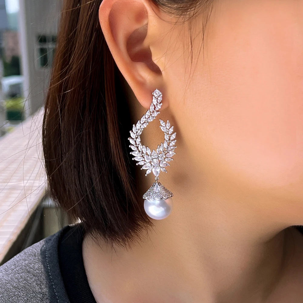 S&S White CZ & Pearl Bridal Long Dangle Drop Earrings – Marquise Cut – Rhodium Plated – Collection