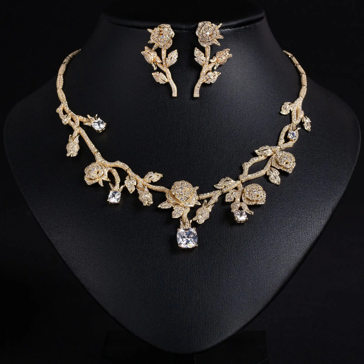 XM S226 Platinum Plated Princess Cut Zircon Rose Flower Statement Necklace & Drop Earrings Bridal Set