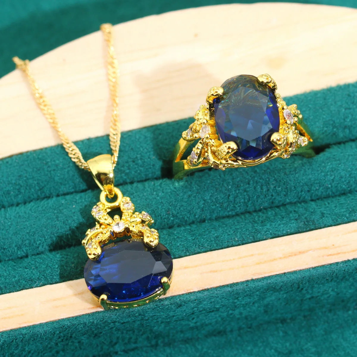 XOTICA Exquisite Blue Zircon Bracelet Earrings Necklace Pendant Ring Set Gold Color Women's Wedding Jewelry for Parties Made of Alloy