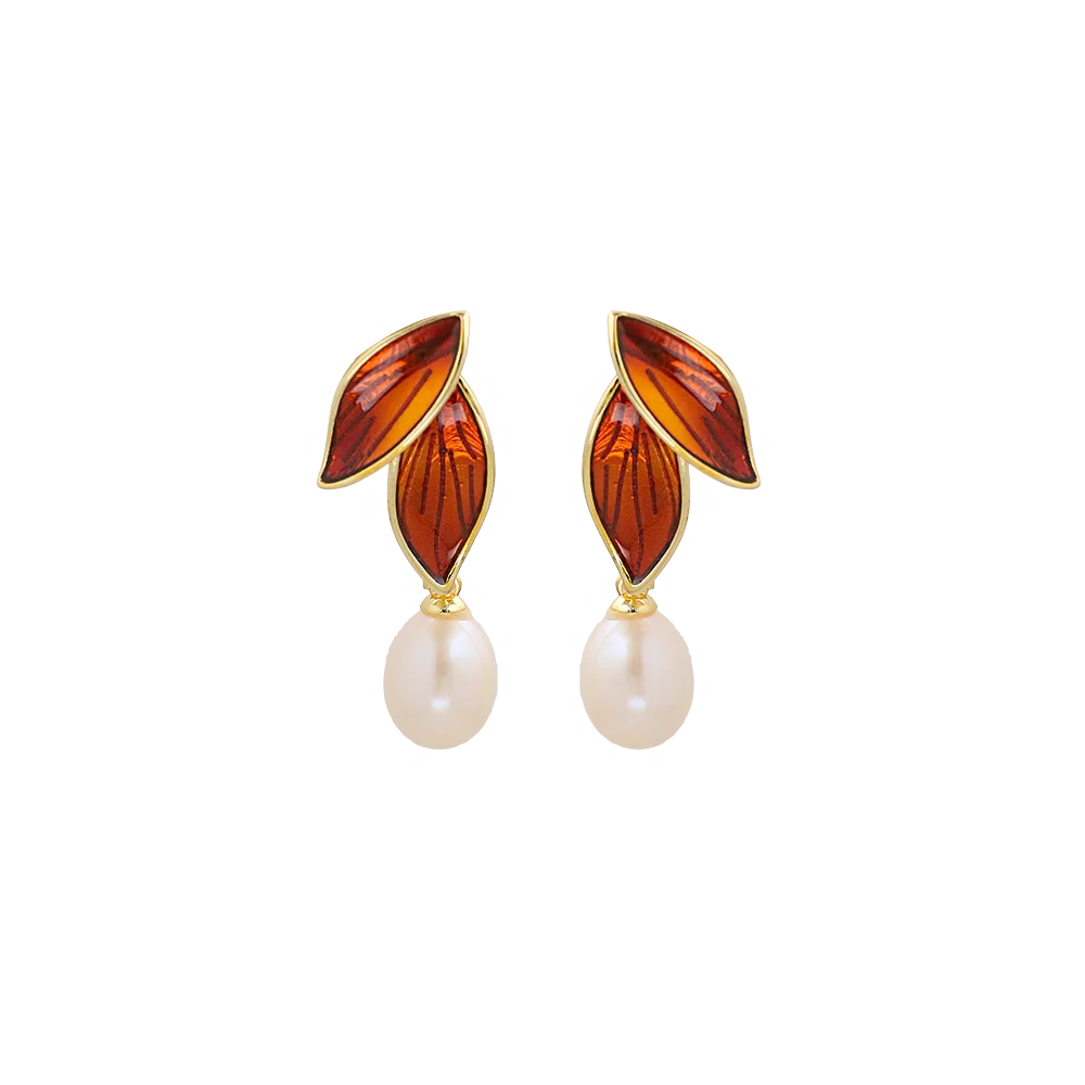 Natural Freshwater Pearl Red Double Leaf Earrings Korean Women's Luxury Jewelry Fashion Women's and Girls' Gifts GE1595