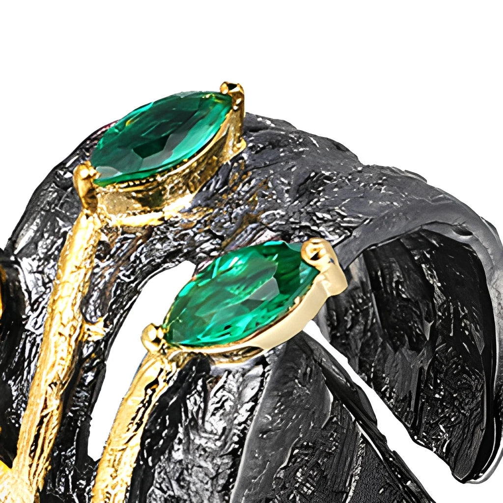 Fashion Handmade Leaf Design Black Gold Plated 925 Sterling Silver Long Ring