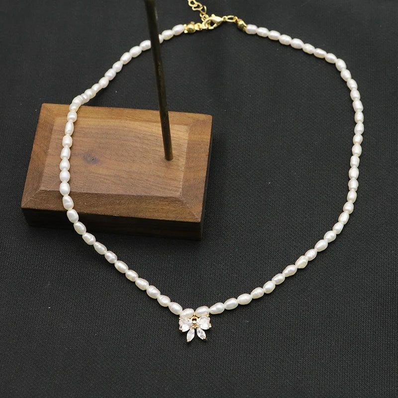Natural Freshwater Pearl Zircon love Pendant Necklace Gold-plated White Simple Fashion Fine Jewelry Necklace for Girlfriend Gift